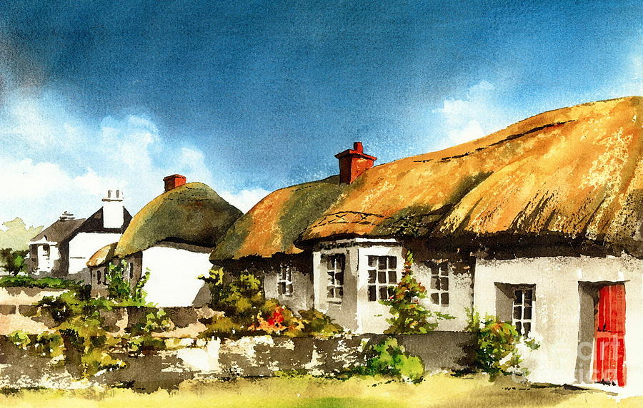 Cottage Painting - Yellow Thatch in Adare  Limerick by Val Byrne