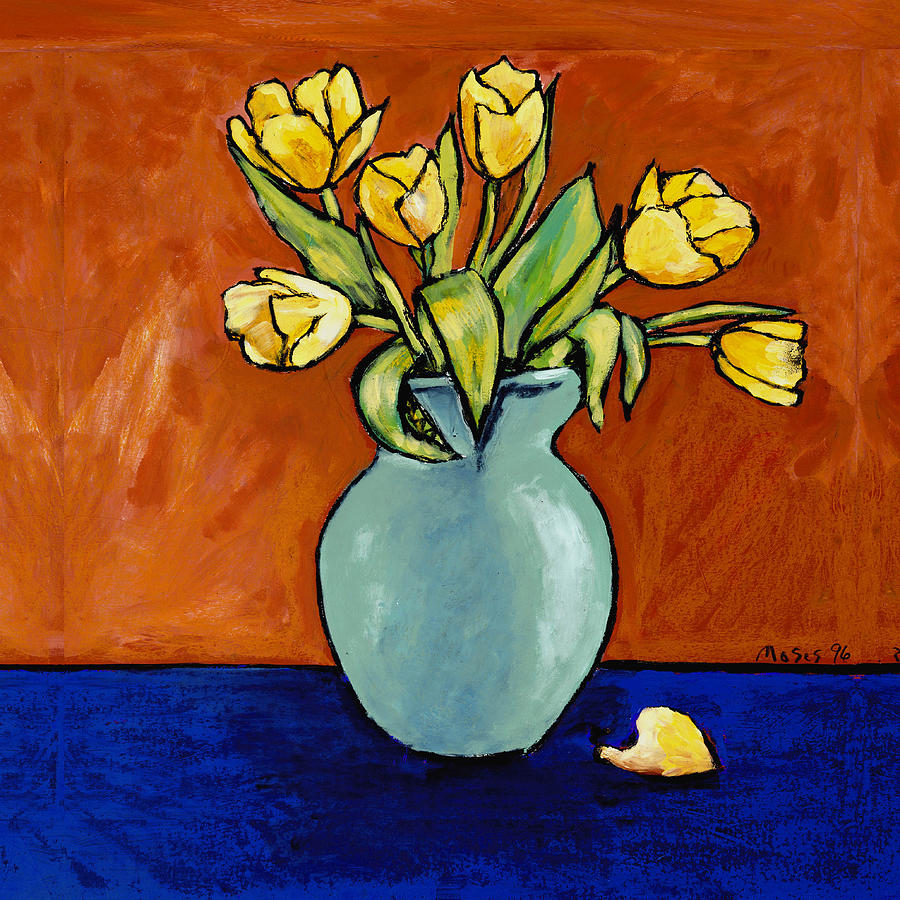 Yellow Tulips In A Turquoise Vase Painting by Dale Moses