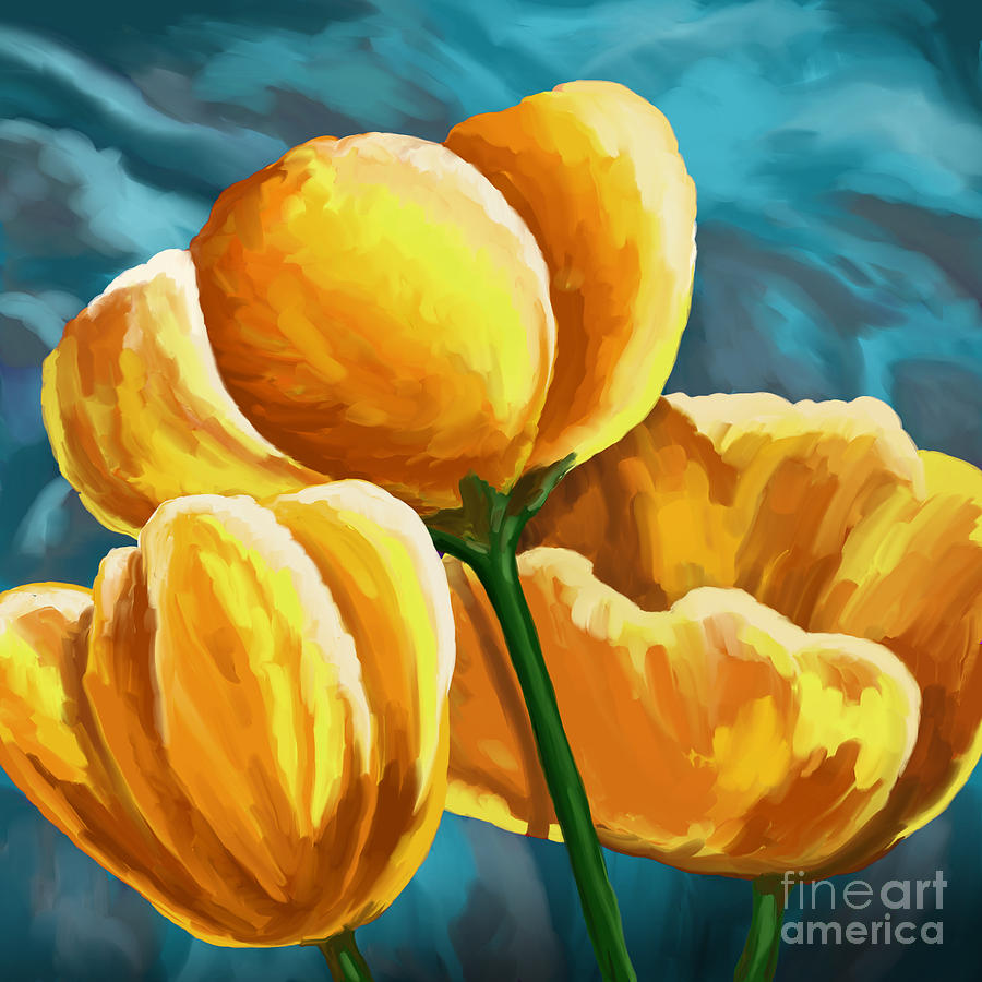 Yellow Tulips on Blue Painting by Tim Gilliland
