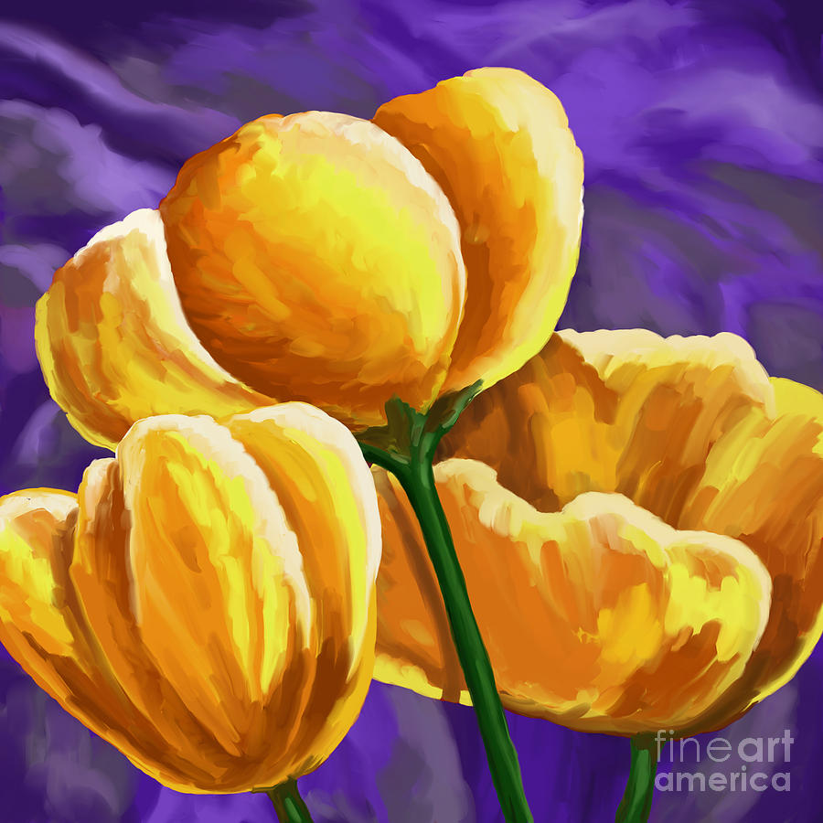 Tulip Painting - Yellow Tulips on Purple by Tim Gilliland