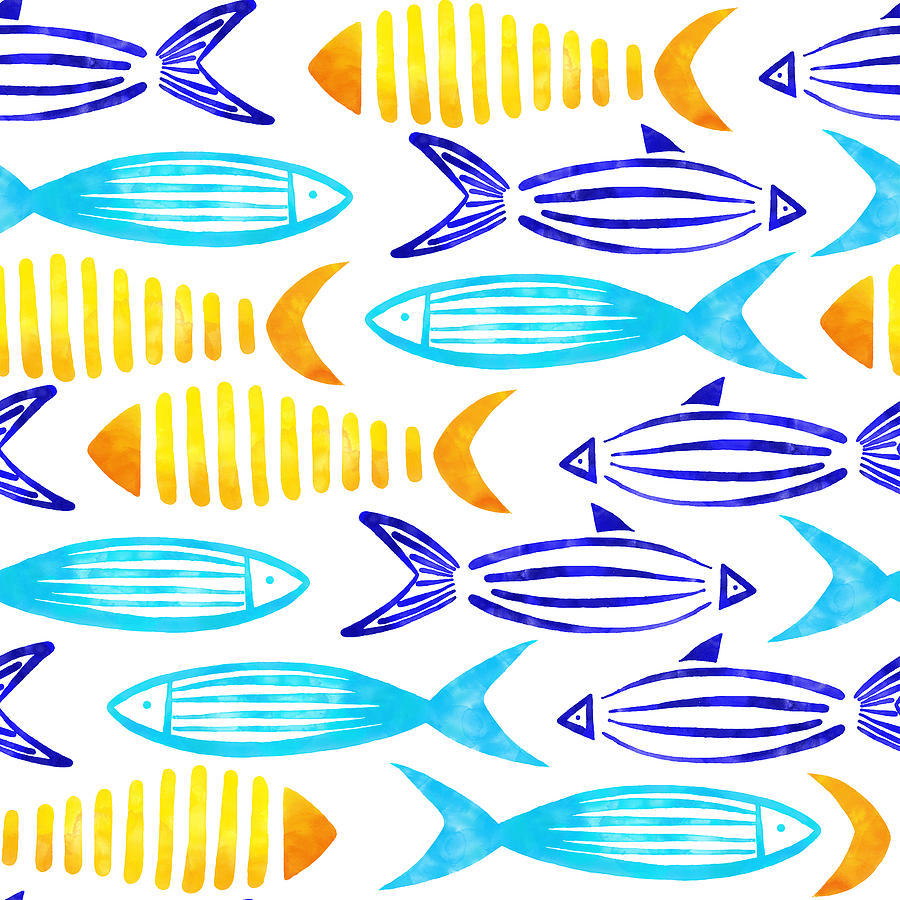 Yellow, Turquoise, Blue and Green Watercolor Fishes Seamless Pattern with White Background. Drawing by Gokcemim