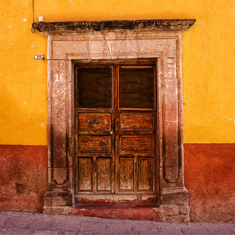 San Miguel De Allende Photograph - Yellow Wall Wooden Door by Carol Leigh