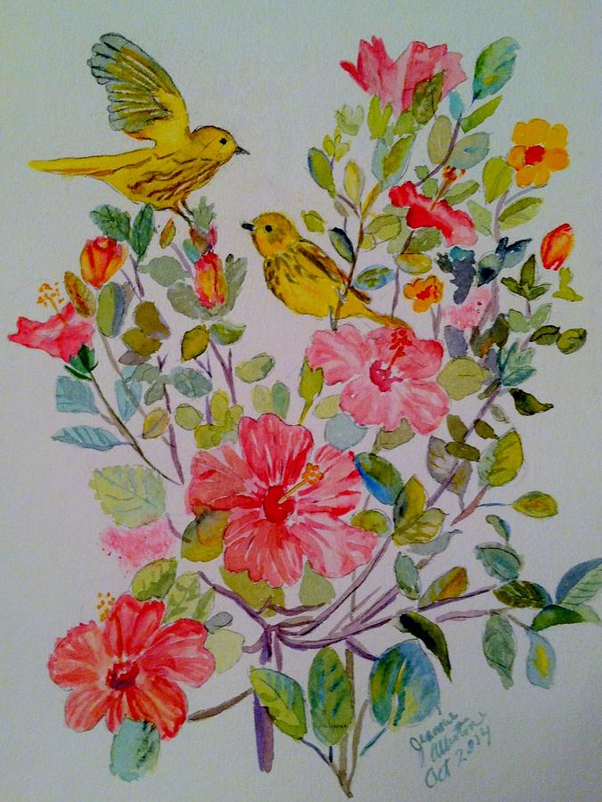 Yellow Warblers in the Hibiscus Painting by Jeannie Allerton
