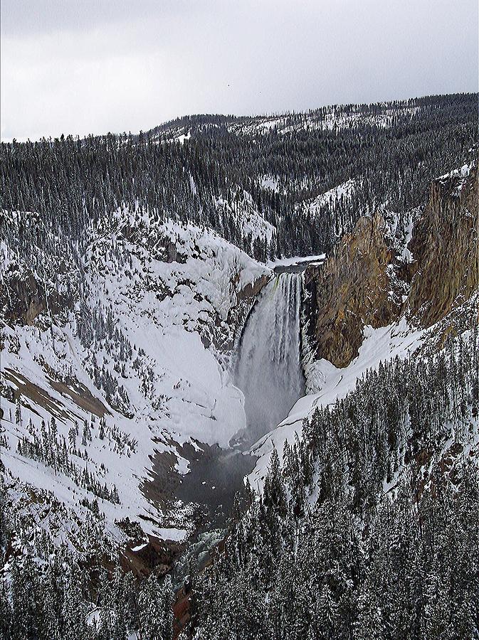 Yellowstone Falls Snowing Photograph by Enaid Silverwolf