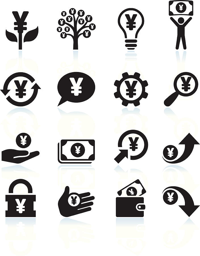 Yen Money and Finance Black & White vector icon set Photograph by Bubaone