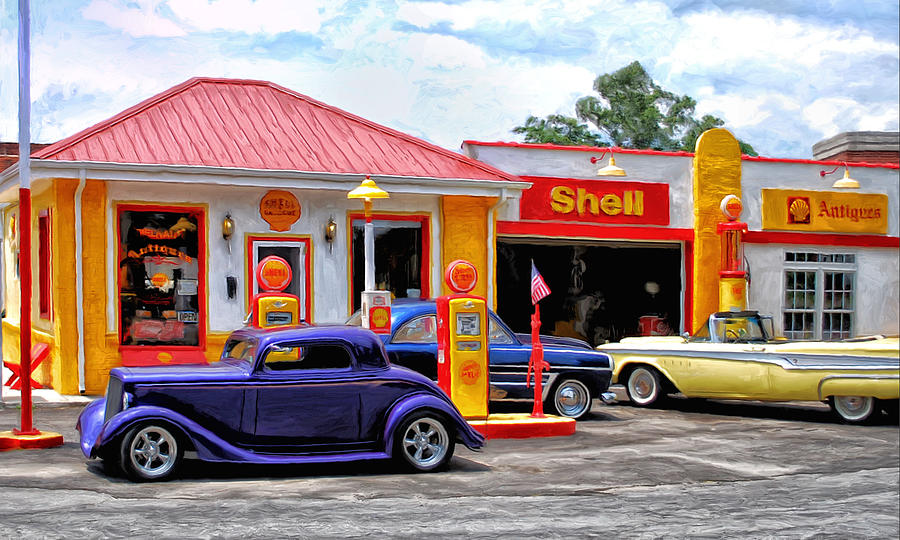 Gas Station Painting - Yesterdays Shell Station by Michael Pickett