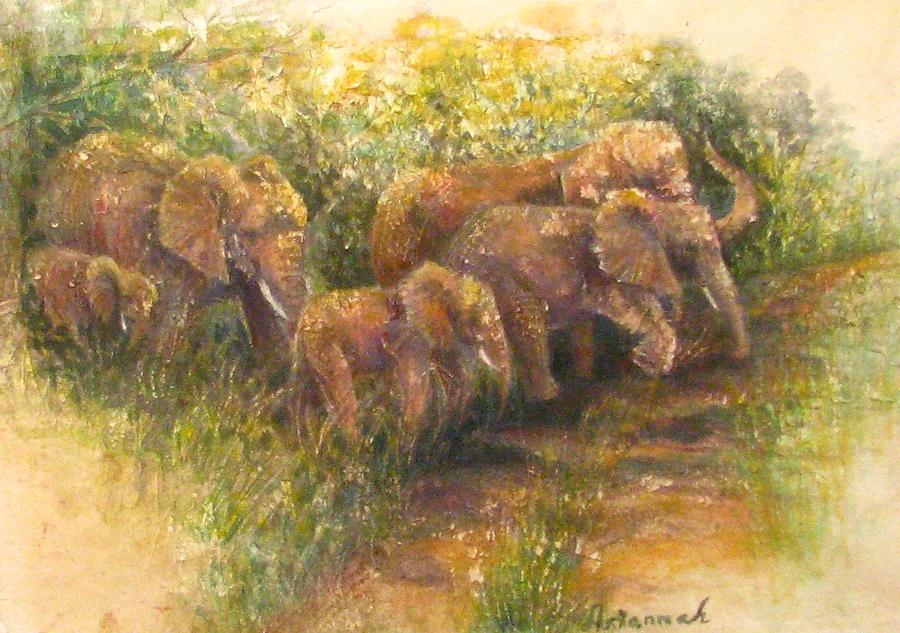 Yielding to elephants Painting by Ursula Brozovich