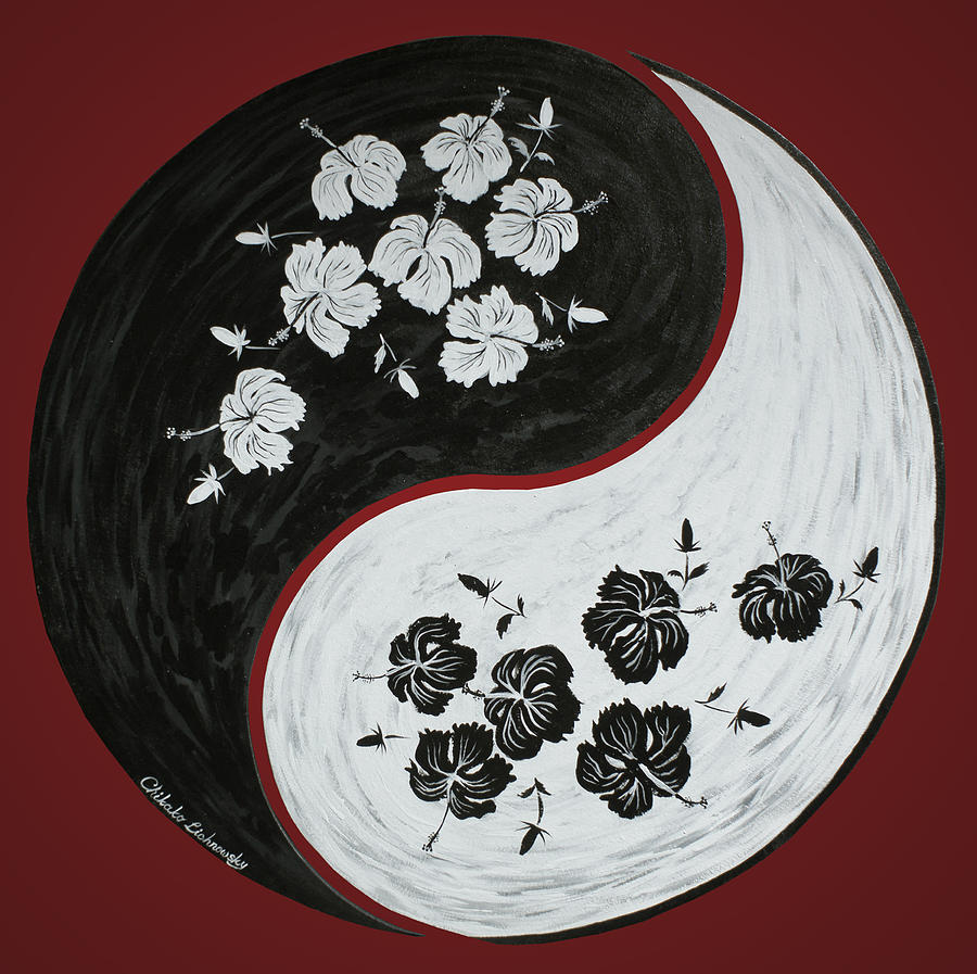 Black And White Painting - Yin and Yang of hibiscus  by Chikako Hashimoto Lichnowsky