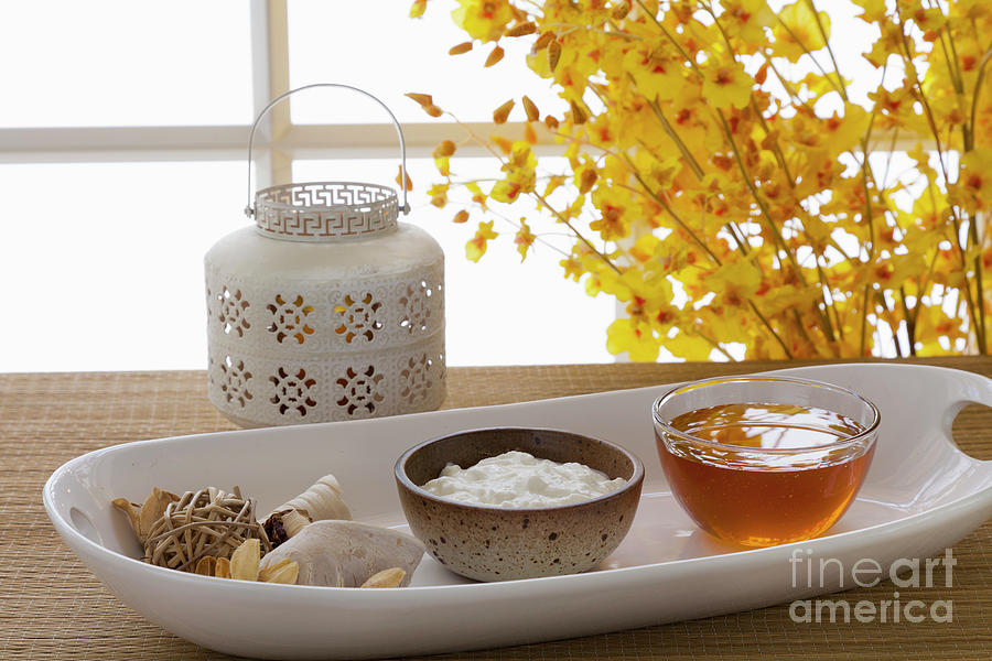 Yogurt And Honey On A Tray In A Spa Photograph by Juan Silva