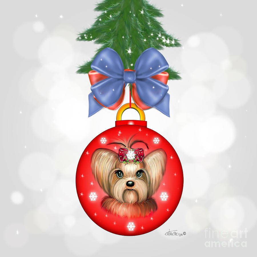 Yorkie Ornament Painting by Catia Lee