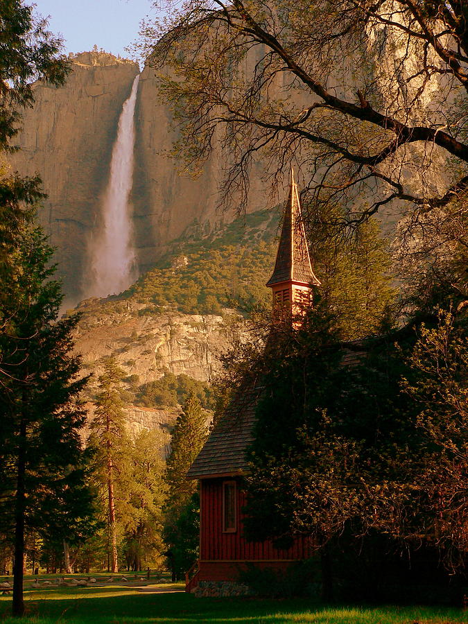 Yosemite Chapel and Falls in Color at Sunrise Photograph by Jeff Lowe