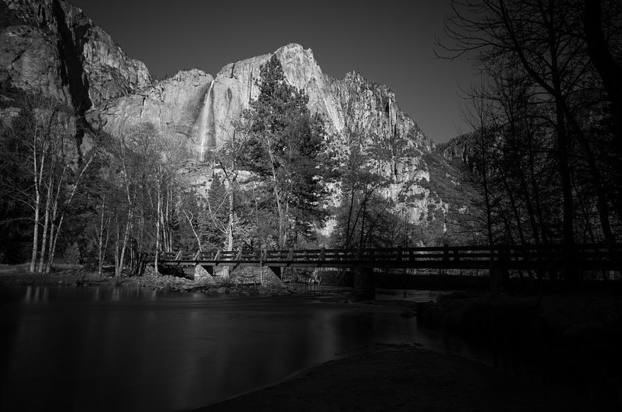 Yosemite Falls along the Merced River Black and White Photograph by Scott McGuire