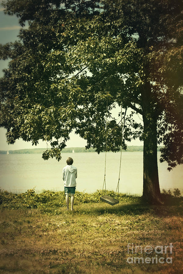 Young boy looking out at the water under a big tree Photograph by Sandra Cunningham