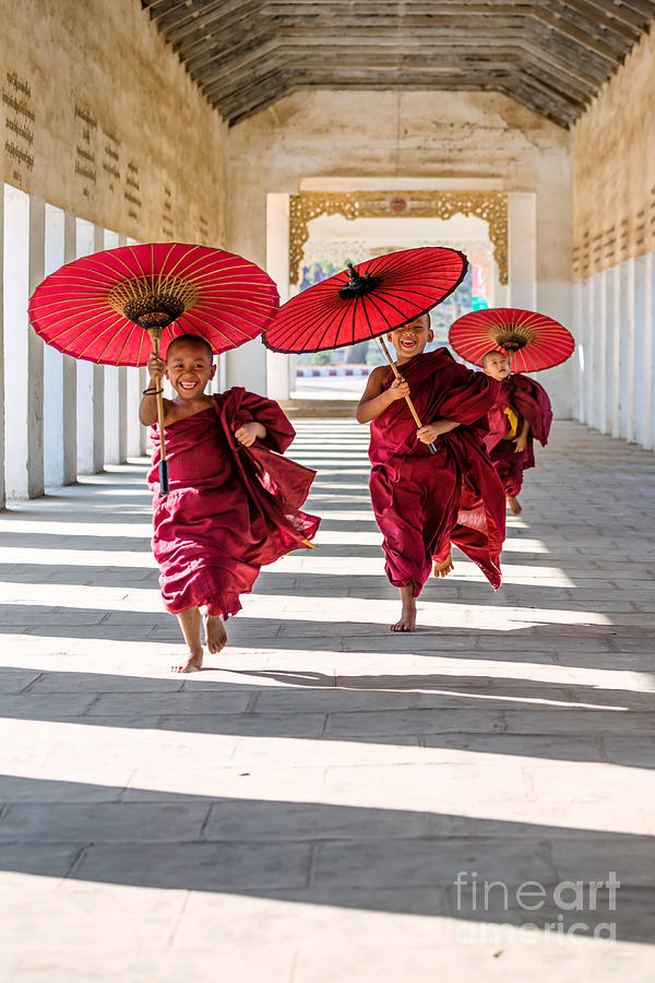 Young buddhist monks on the run - Myanmar Photograph by Matteo Colombo