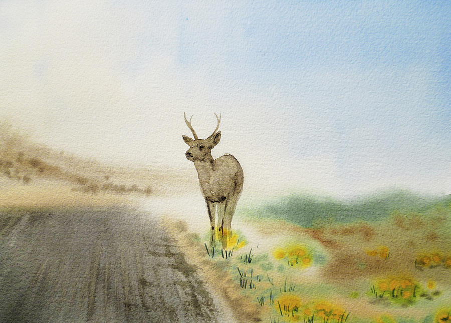Young Deer On The Foggy Road Painting by Irina Sztukowski