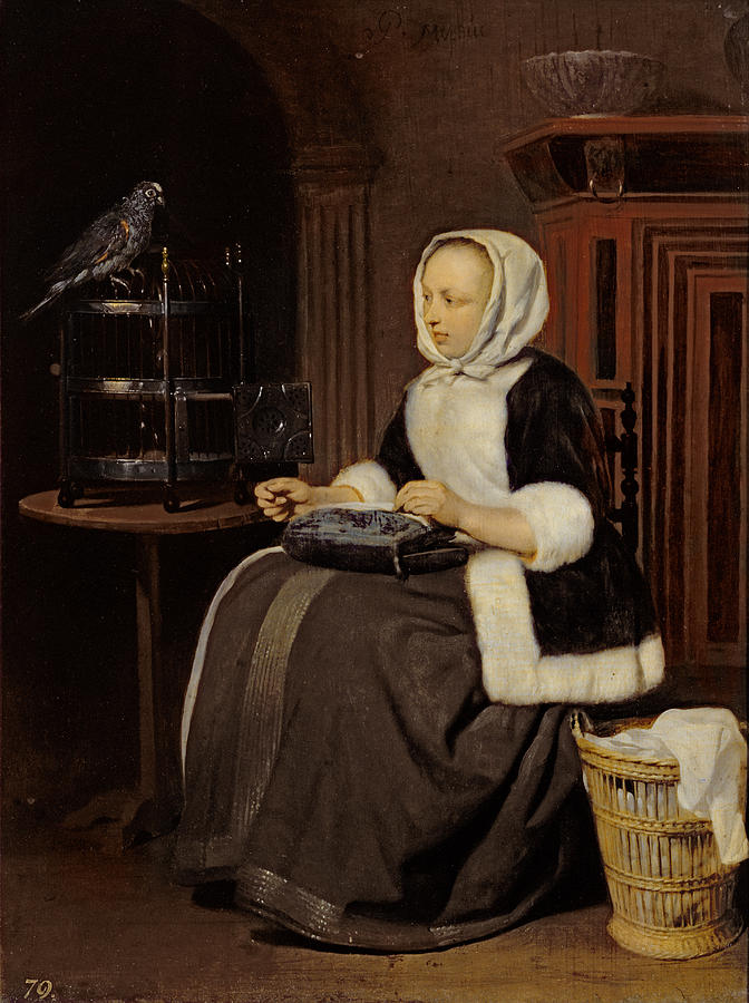 Parrot Photograph - Young Girl At Work by Gabriel Metsu