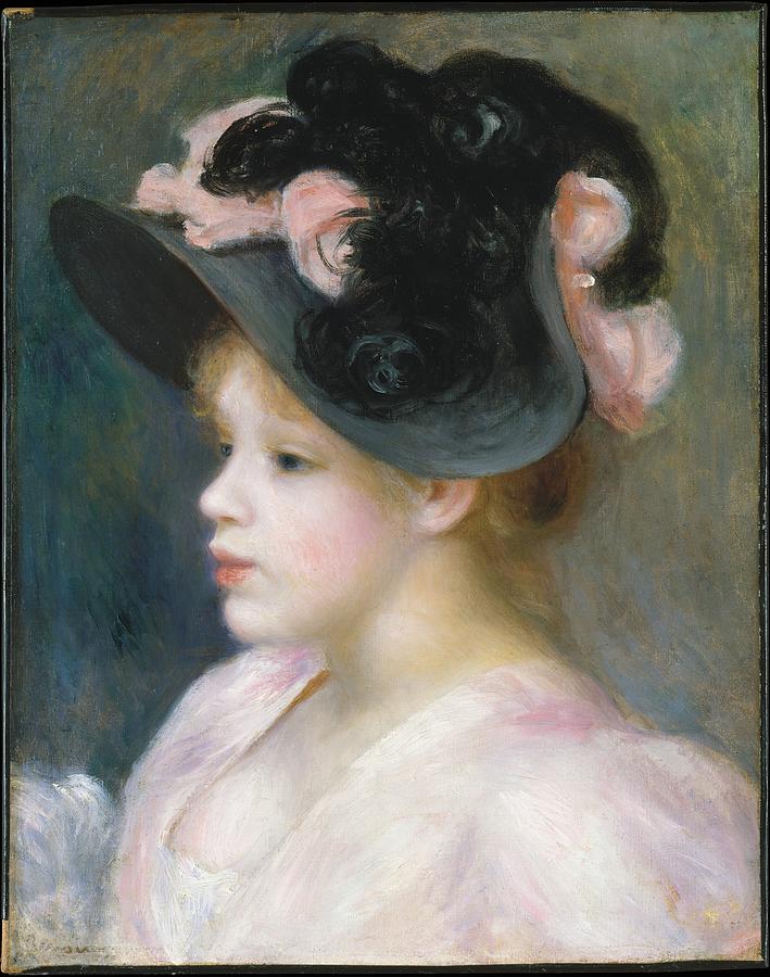 Pierre Auguste Renoir Painting - Young Girl In A Pink-and-black Hat by Auguste Renoir