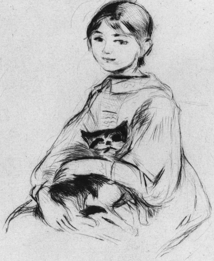 Young girl with cat Drawing by Berthe Morisot