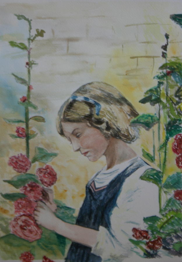 Young lady and Hollyhocks Painting by Betty-Anne McDonald