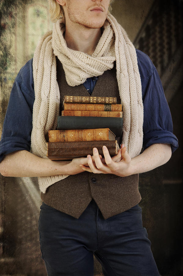 Vintage Young Man Carrying Books And Wearing A Scarf Photograph by Ethiriel Photography