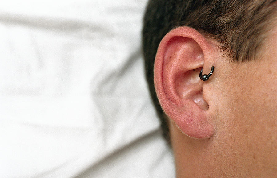 Young man with forward helix ear piercing, close-up Photograph by PhotoAlto/Katarina Sundelin