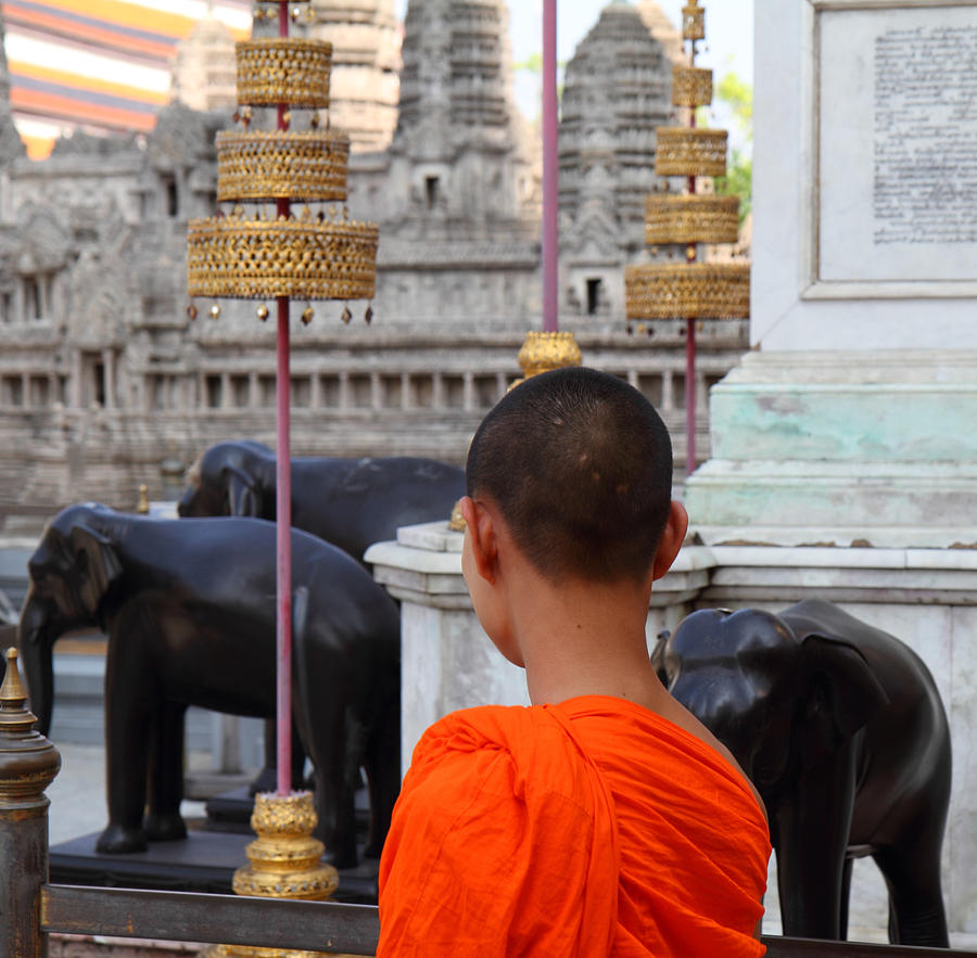 Elephant Photograph - Young Monk with Chang Statue - Grand Palace in Bangkok Thailand - 01131 by DC Photographer