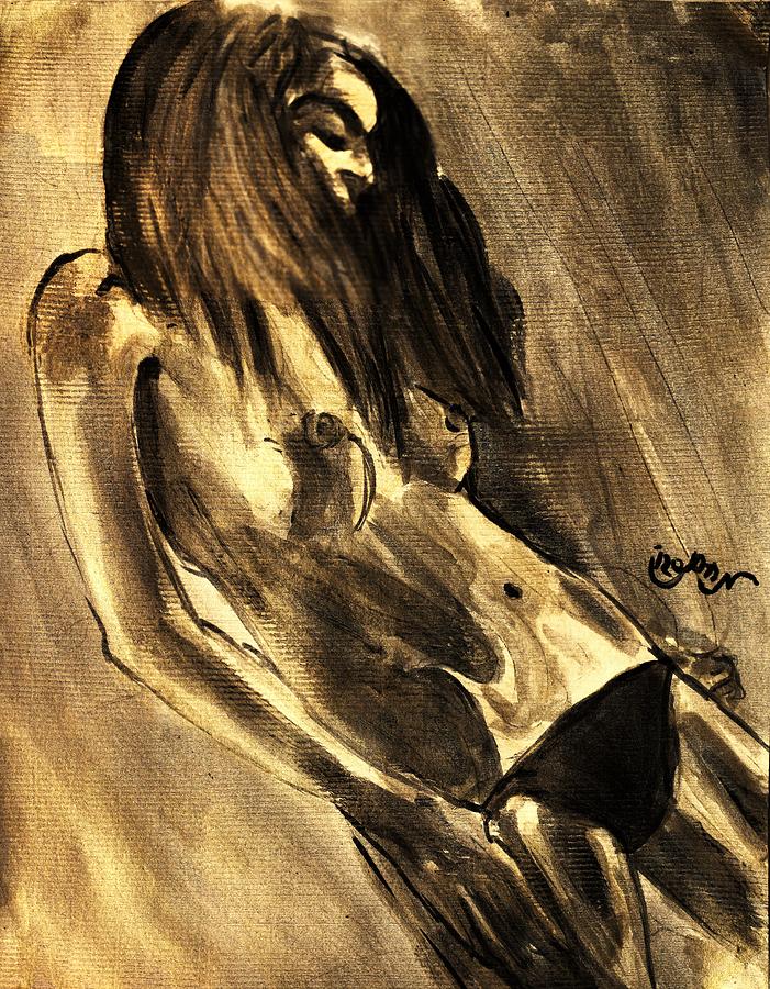 Young Nude Female Teen in Black Gold Holding her Hands by her Hips in an Introspective Erotic Pose  Painting by M Zimmerman