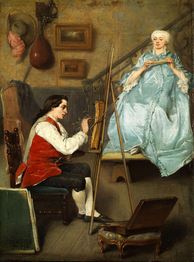 Young painter portraiting a young woman in a blue silk dress Painting by Eugene Fichel