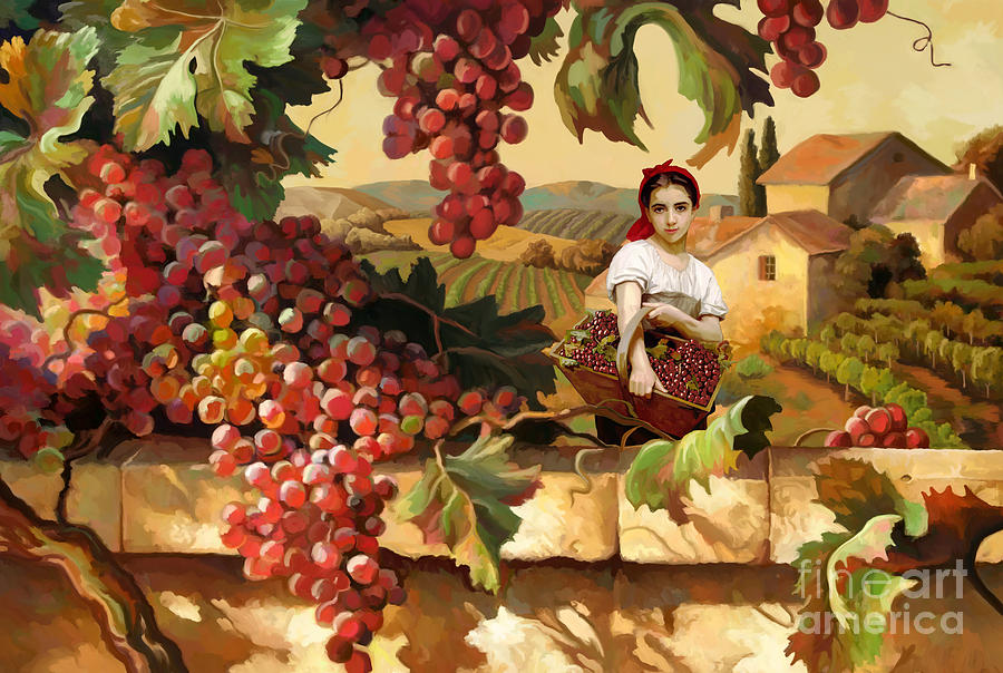 Young Tuscan Girl Grape Vineyard Painting by Tim Gilliland