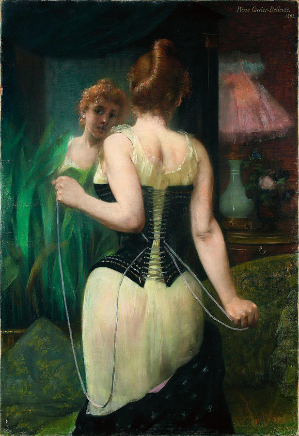 Beautiful Painting - Young woman adjusting her corset by Pierre Carrier-Belleuse