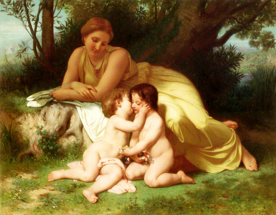 Young Woman Contemplating Two Embracing Children Painting by William-Adolphe Bouguereau