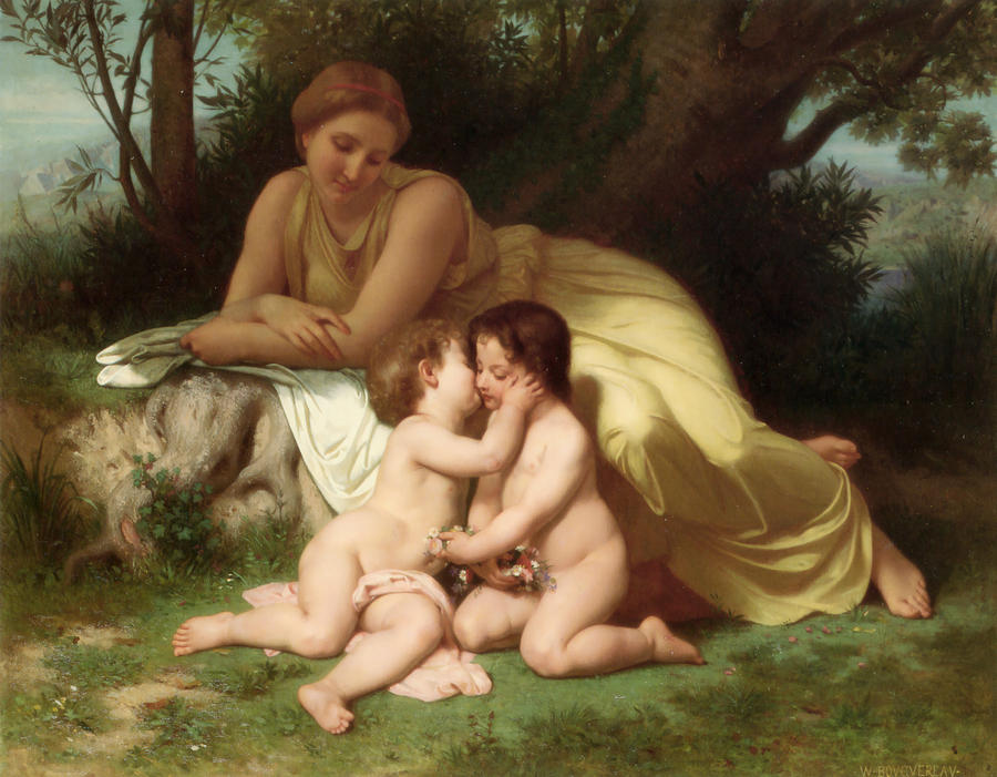 Young woman contemplating two embracing children Digital Art by William Bouguereau