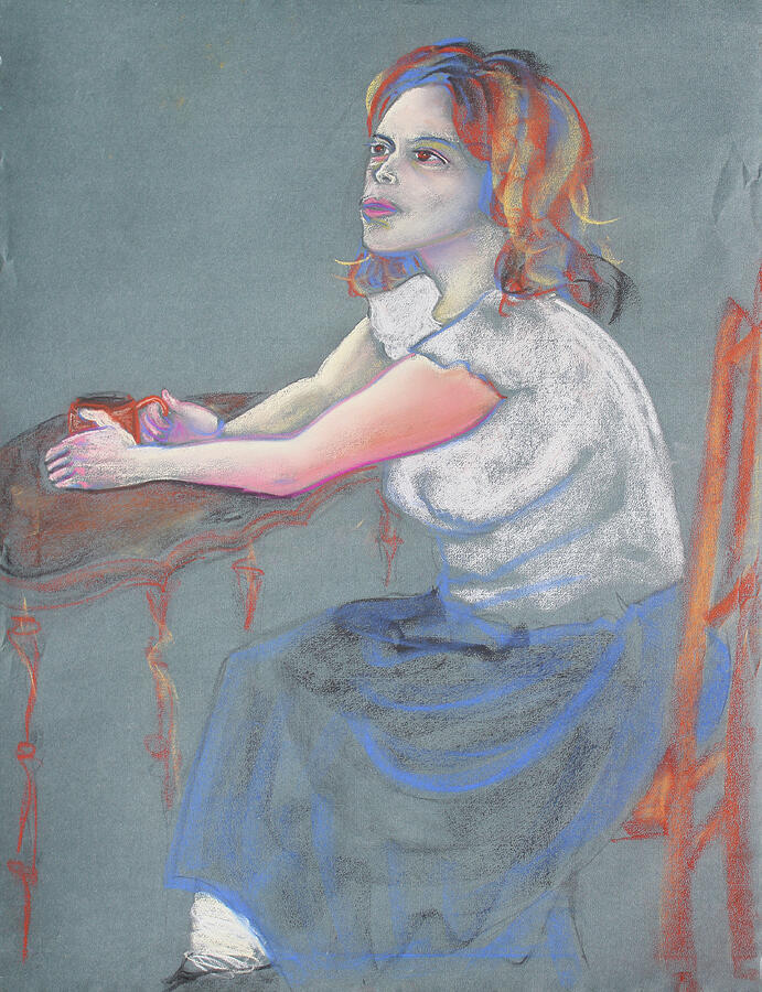 Pastel Portrait Pastel - Young Woman Dreaming and Yearning with a Cup of Coffee by Asha Carolyn Young