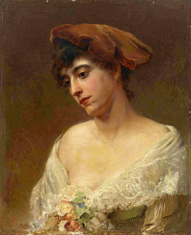 Young Woman in a Red Beret Painting by Konstantin Makovsky
