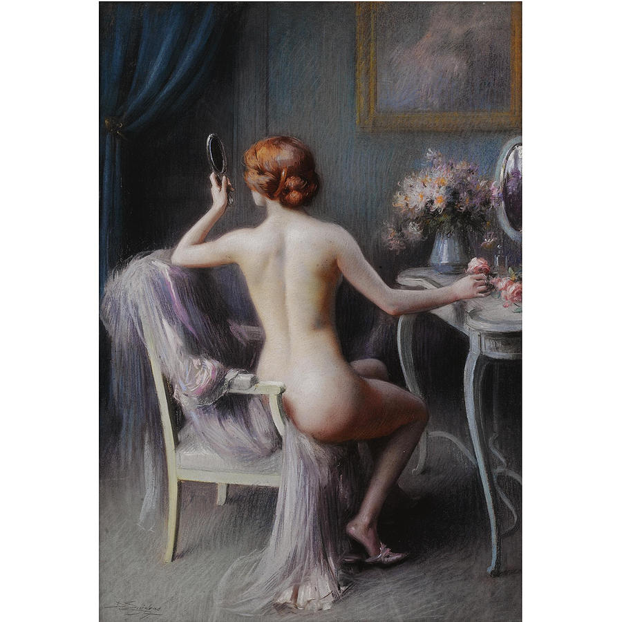 Flower Painting - Young Woman Looking at Herself in a Mirror by Delphin Enjolras