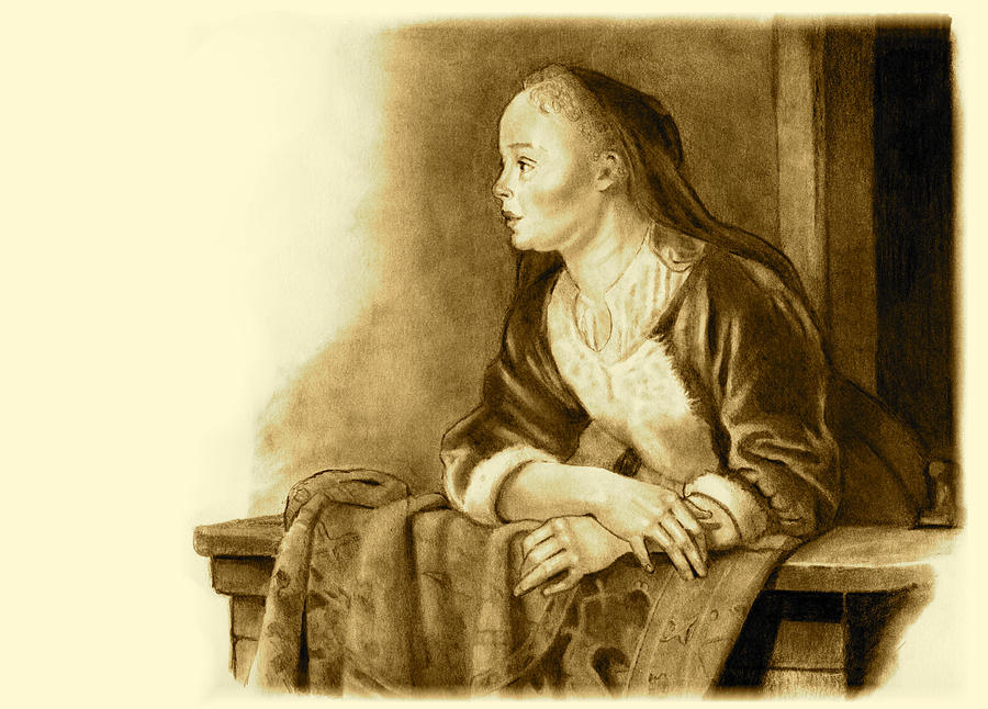 Young Woman On A Balcony Sepia Drawing by Joyce Geleynse