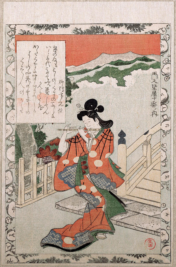 Young Woman Playing the Flute by a Bridge Drawing by Kubo Shunman