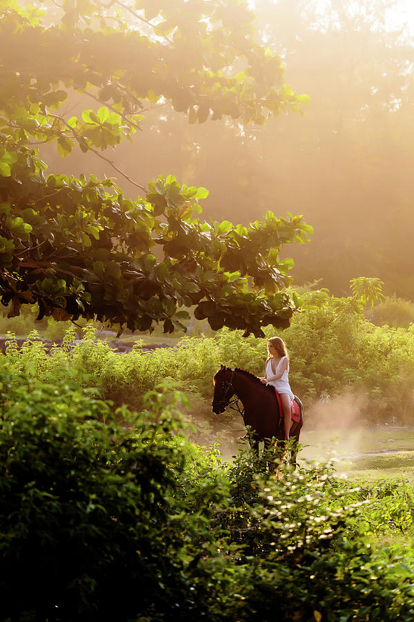 Nature Photograph - Young Woman Riding Horse In Scenery by Konstantin Trubavin