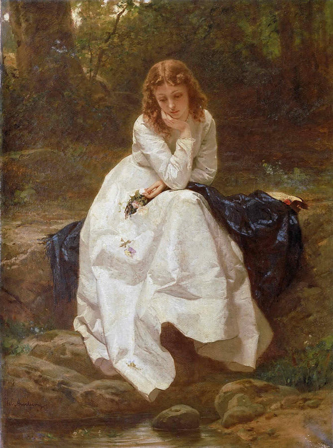 Contemplation Painting - Young Woman Seated by a Stream. Contemplation  by Wilhelm Amberg