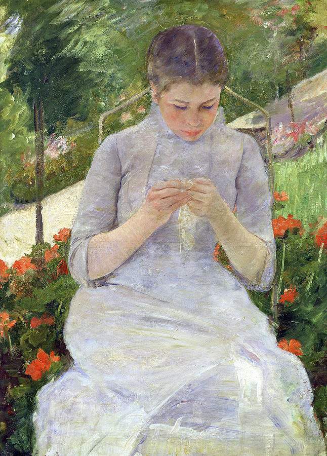 Young Woman Sewing In The Garden Painting by Celestial Images