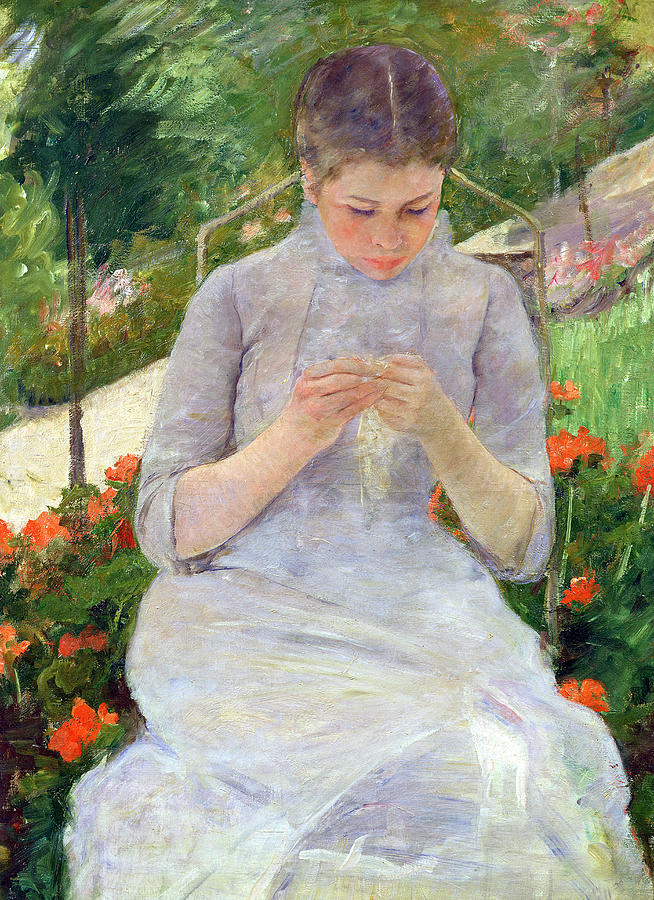 Young Woman Sewing in the garden Painting by Mary Stevenson Cassatt