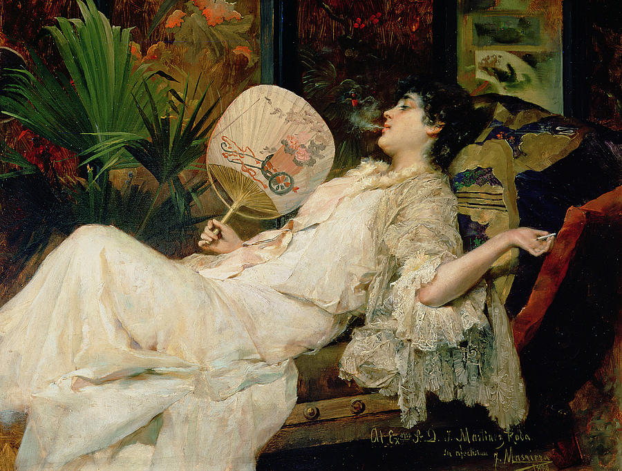 Resting Photograph - Young Woman Smoking, 1894 Oil On Canvas by Francisco Masriera y Manovens