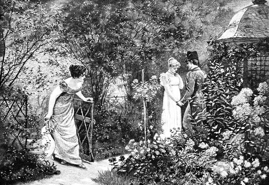 Young woman surprises lovers in the garden Drawing by Clu