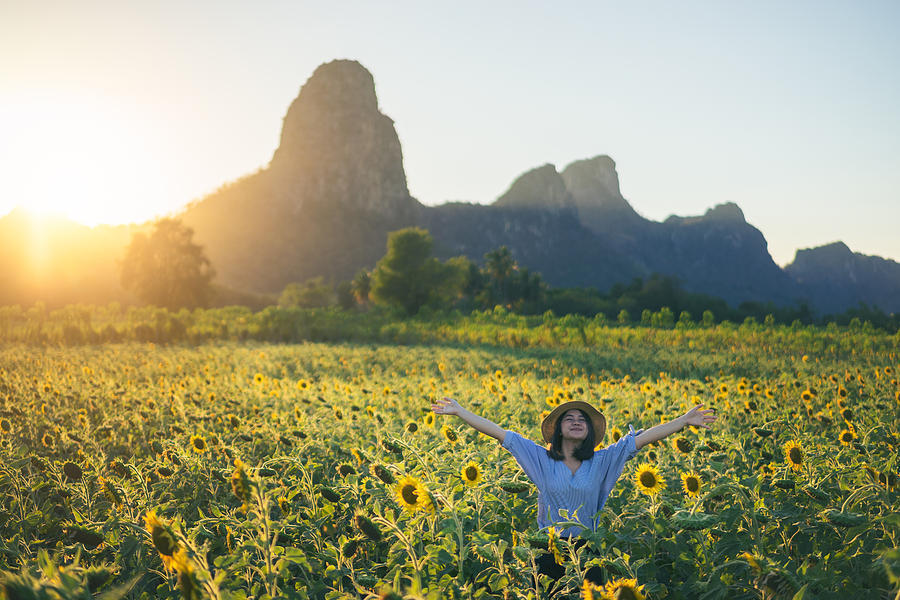 Young woman traveler with hat in sunflower fields with happiness and cheerful at sunset and arms raised up. Photograph by Mongkol Chuewong