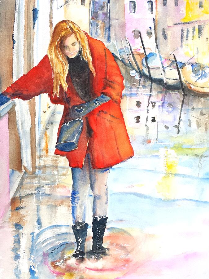 Young Woman Walking along Venice Italy Canal Painting by Carlin Blahnik CarlinArtWatercolor