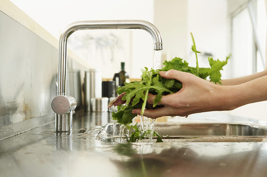 Young woman washing lettuce at kitchen sink, close-up of hands Photograph by Tay Jnr