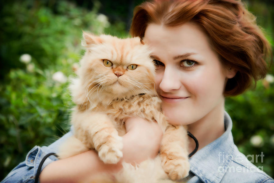 Young woman with Persian cat playing Photograph by Michal Bednarek