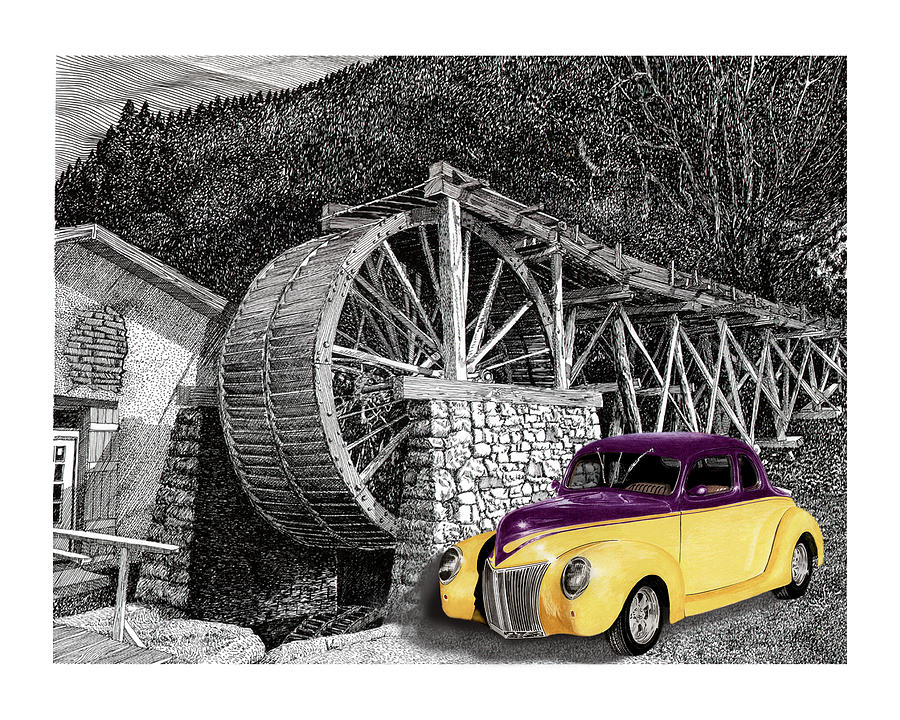 1939 Ford Street Rod next to Waterwheel Painting by Jack Pumphrey