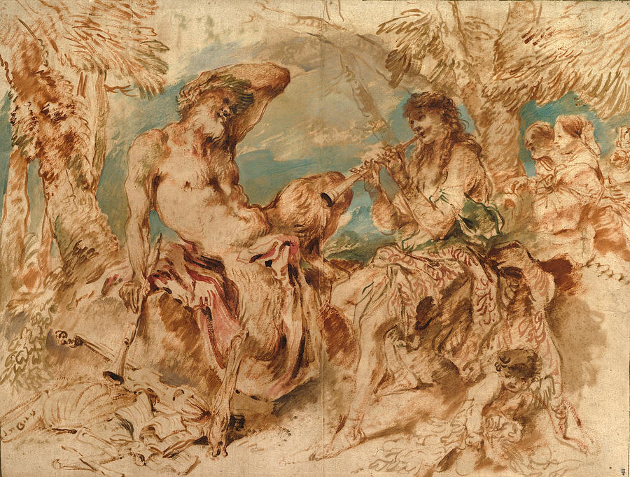 Youth Playing a Pipe for a Satyr Drawing by Giovanni Benedetto Castiglione