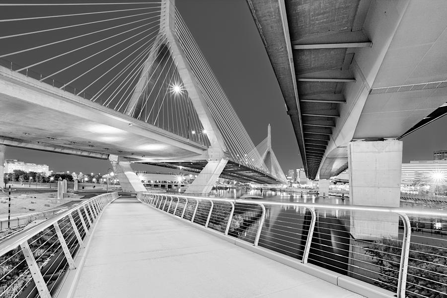 Zakim Bridge Twilight In Boston BW Photograph by Susan Candelario